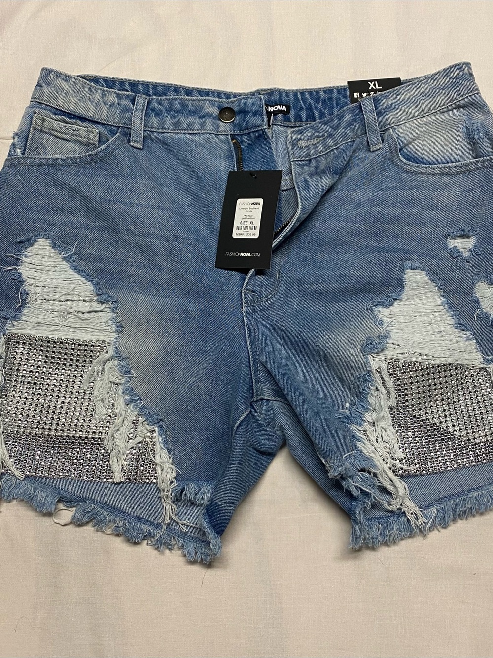 Fashion Nova Light Blue Distressed Men’s Jean Shorts with Rhinestone Patches